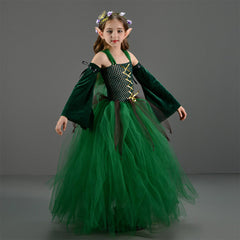 Forest Elf Princess Green Tutu Dress For Little Girls 4 Piece Set Cosplay Halloween Carnival Suit