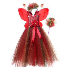 Forest Fairy Kids Girls Red Princess Tutu Dress 4 Piece Set Cosplay Outfits Halloween Party Suit