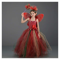 Forest Fairy Kids Girls Red Princess Tutu Dress 4 Piece Set Cosplay Outfits Halloween Party Suit