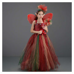 Forest Fairy Kids Girls Red Princess Tutu Dress 4 Piece Set Cosplay Outfits Halloween Party Suit