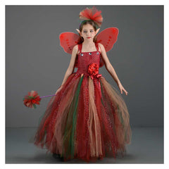 Forest Fairy Kids Girls Red Princess Tutu Dress 4 Piece Set Cosplay Outfits Halloween Party Suit