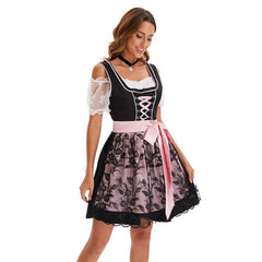 German Bavarian Munich Beer Festival Clothing Oktoberfest Black Lace Dress Apron Ribbon Set For Adult Women Halloween Carnival Party Suit