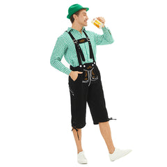 German Bavarian Munich Beer Festival Clothing Oktoberfest Green Plaid Top Black Pants Set For Adult Men Halloween Carnival Party Suit