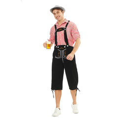 German Bavarian Munich Beer Festival Clothing Oktoberfest Pink Plaid Top Black Pants Set For Adult Men Halloween Carnival Party Suit