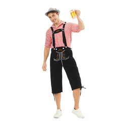German Bavarian Munich Beer Festival Clothing Oktoberfest Pink Plaid Top Black Pants Set For Adult Men Halloween Carnival Party Suit