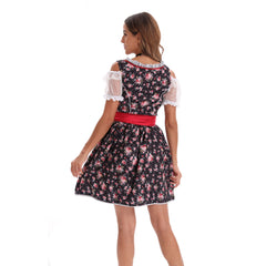 German Bavarian Munich Beer Festival Women Floral Printed Top Dress Apron Ribbon 4 Piece Set Cosplay Costume Outfits Halloween Carnival Suit