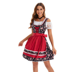 German Bavarian Munich Beer Festival Women Floral Printed Top Dress Apron Ribbon 4 Piece Set Cosplay Costume Outfits Halloween Carnival Suit