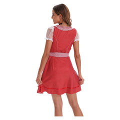 German Bavarian Munich Beer Festival Women Red Top Dress Apron Ribbon 4 Piece Set Cosplay Costume Outfits Halloween Carnival Suit