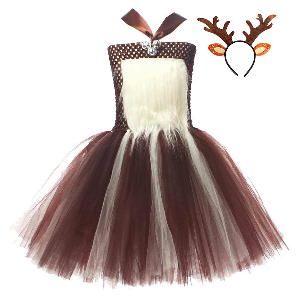 Girls Elk Reindeer Mesh Tutu Dress Cosplay Outfits Christmas Halloween Party Suit