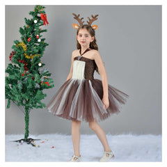 Girls Elk Reindeer Mesh Tutu Dress Cosplay Outfits Christmas Halloween Party Suit