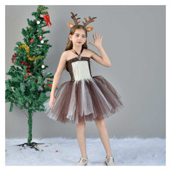 Girls Elk Reindeer Mesh Tutu Dress Cosplay Outfits Christmas Halloween Party Suit