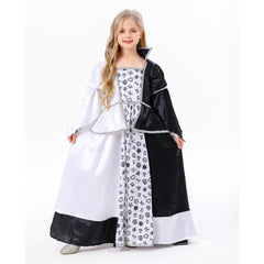 Girls Princess Cosplay White Black Color Block Long Dress Outfits Halloween Carnival Suit