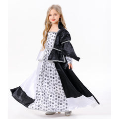 Girls Princess Cosplay White Black Color Block Long Dress Outfits Halloween Carnival Suit