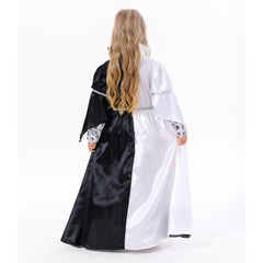 Girls Princess Cosplay White Black Color Block Long Dress Outfits Halloween Carnival Suit