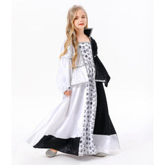 Girls Princess Cosplay White Black Color Block Long Dress Outfits Halloween Carnival Suit