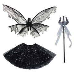 Gothic Kids Girls Mesh Tutu Dress Butterfly Wing Wand 3 Piece Set Cosplay Outfits Halloween Party Suit