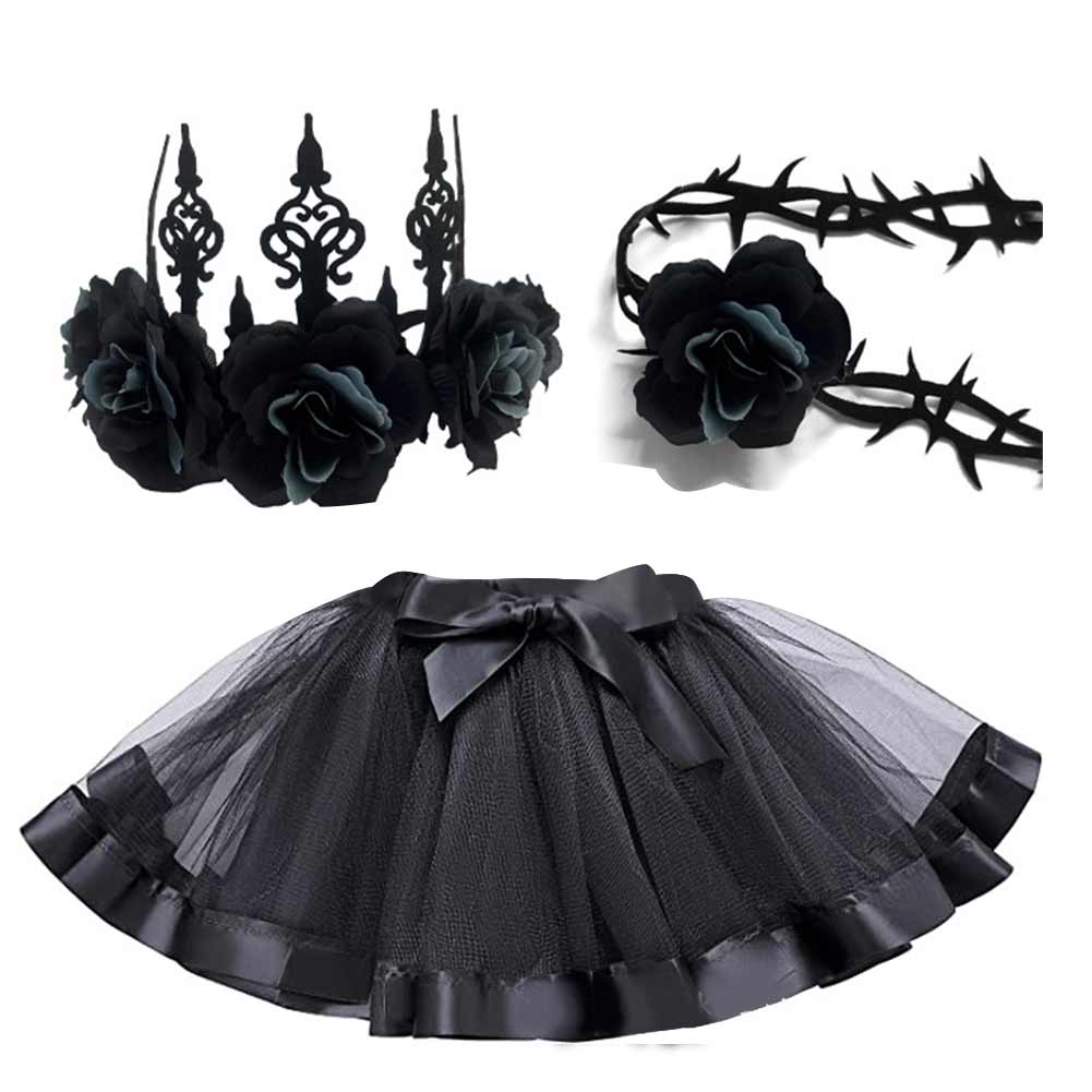 Gothic Punk Kids Girls Black Mesh Dress 3 Piece Set Cosplay Outfits Halloween Party Suit