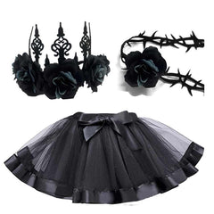 Gothic Punk Kids Girls Black Mesh Dress 3 Piece Set Cosplay Outfits Halloween Party Suit