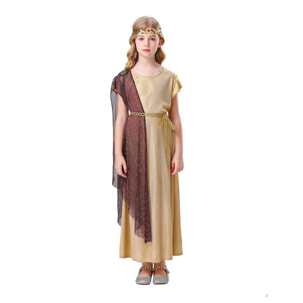 Greek Mythological Goddess Kids Girls 3 Piece Long Dress Retro Medieval Renaissance Cosplay Outfits Halloween Party Suit