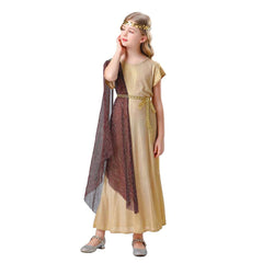 Greek Mythological Goddess Kids Girls 3 Piece Long Dress Retro Medieval Renaissance Cosplay Outfits Halloween Party Suit