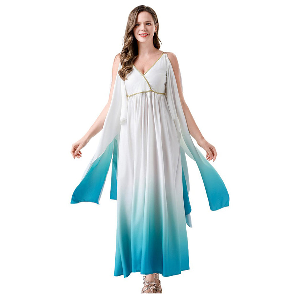 Greek Mythological Goddess Women Gradient Blue Long Dress Retro Medieval Cosplay Outfits Halloween Party Suit