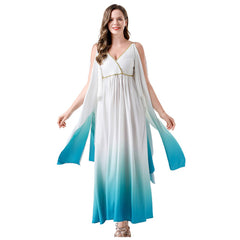 Greek Mythological Goddess Women Gradient Blue Long Dress Retro Medieval Cosplay Outfits Halloween Party Suit