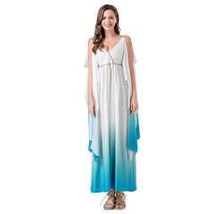 Greek Mythological Goddess Women Gradient Blue Long Dress Retro Medieval Cosplay Outfits Halloween Party Suit