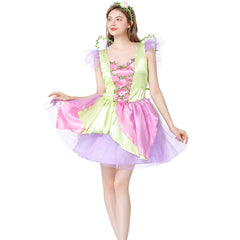 Green Elf Flower Fairy 3 Piece Set Women Cosplay Mesh Dress Outfits Halloween Carnival Suit