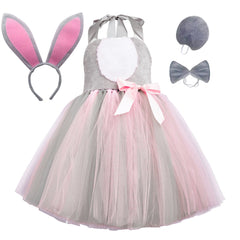 Grey Cute Rabbit Kids Girls Tutu Mesh Dress Tie Headgear Tail 4 Piece Set Cosplay Costume Outfits Halloween Carnival Suit