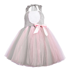 Grey Cute Rabbit Kids Girls Tutu Mesh Dress Tie Headgear Tail 4 Piece Set Cosplay Costume Outfits Halloween Carnival Suit