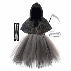 Halloween Harvester Reaper Kids Girls 6 Piece Mesh Tutu Dress Set Cosplay Outfits Halloween Party Suit