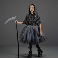 Halloween Harvester Reaper Kids Girls 6 Piece Mesh Tutu Dress Set Cosplay Outfits Halloween Party Suit