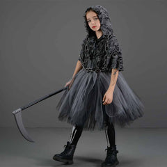 Halloween Harvester Reaper Kids Girls 6 Piece Mesh Tutu Dress Set Cosplay Outfits Halloween Party Suit