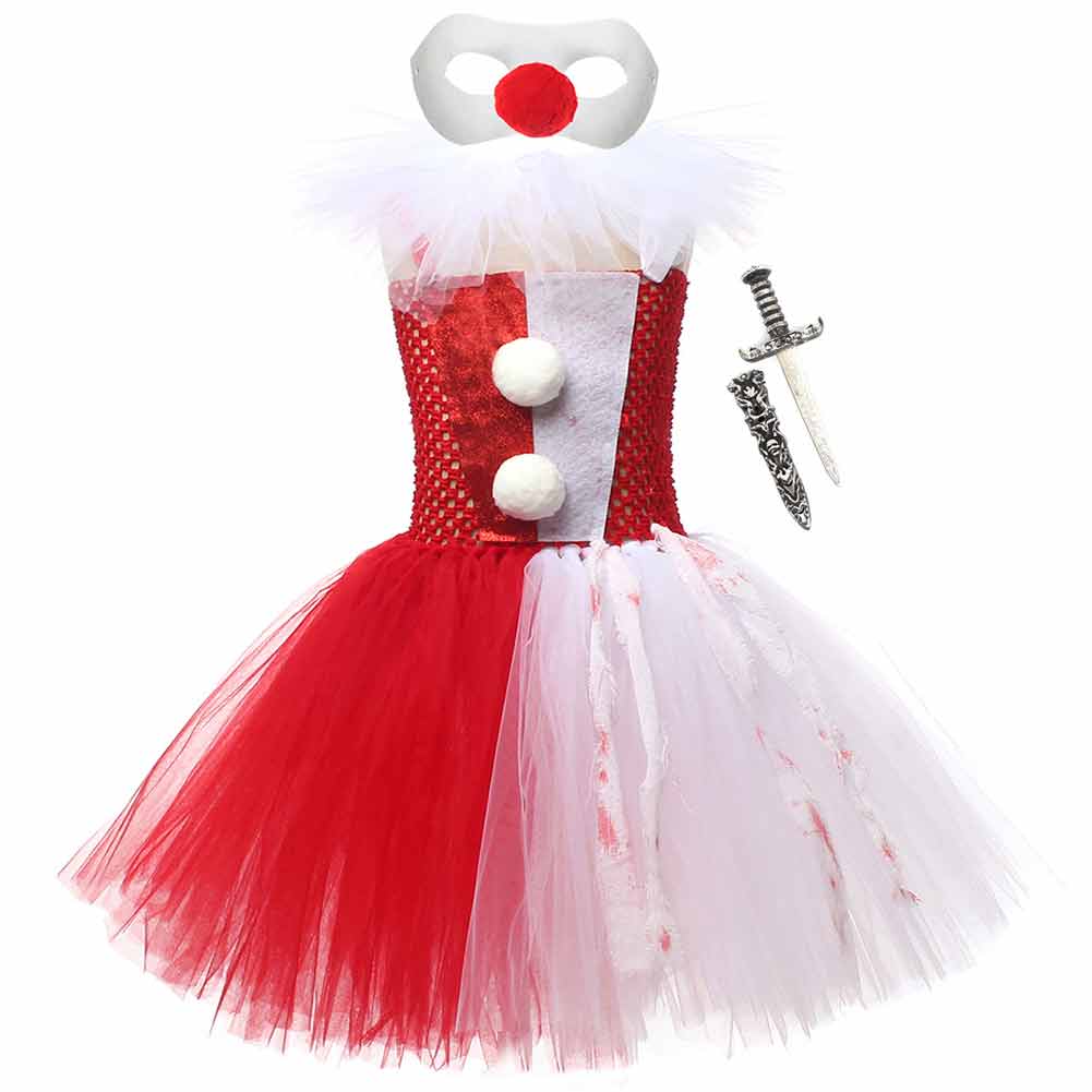 Horror Joker 3 Piece Set Kids Girls Red Mesh Tutu Dress Set Cosplay Outfits Halloween Party Suit