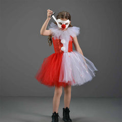 Horror Joker 3 Piece Set Kids Girls Red Mesh Tutu Dress Set Cosplay Outfits Halloween Party Suit