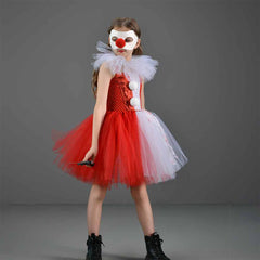 Horror Joker 3 Piece Set Kids Girls Red Mesh Tutu Dress Set Cosplay Outfits Halloween Party Suit