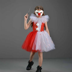 Horror Joker 3 Piece Set Kids Girls Red Mesh Tutu Dress Set Cosplay Outfits Halloween Party Suit