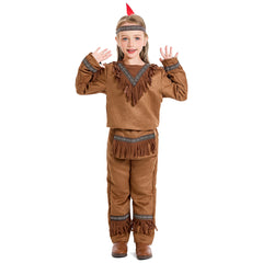 Indian Native Kids Girls 3 Piece Top Pants Headgear Set Cosplay Outfits Halloween Party Suit