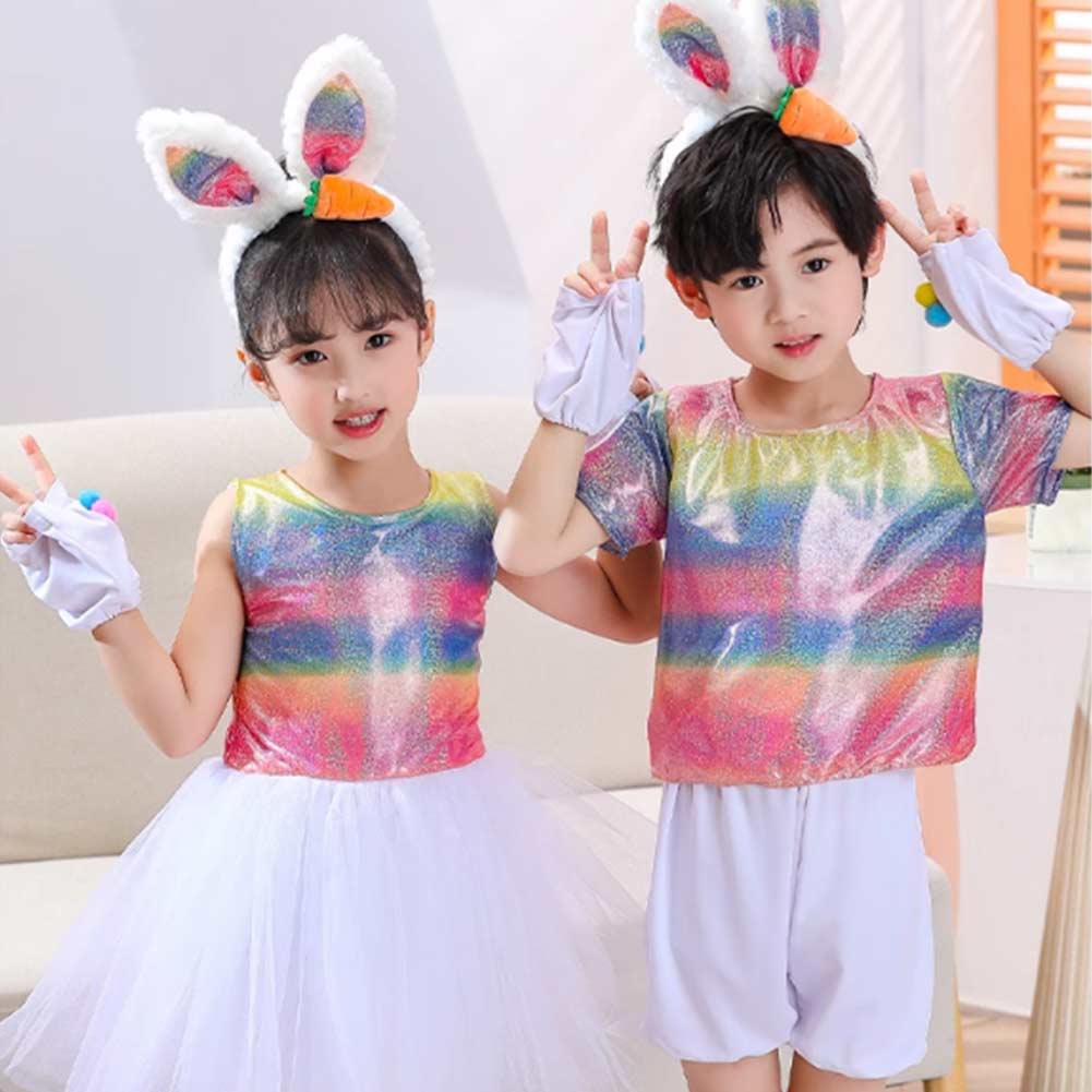 Kids Boys Girls Rainbow Rabbit Set Cosplay Outfits Halloween Carnival Party Suit