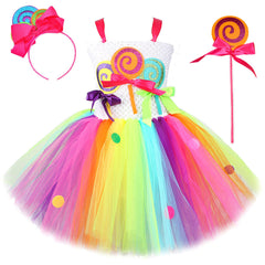 Kids Girls 4 Piece Top Skirt Hairband Props Set Colorful Candy Ice Cream Mesh Skirt Halloween Carnival Cosplay Costume