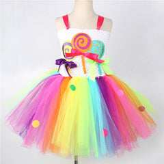 Kids Girls 4 Piece Top Skirt Hairband Props Set Colorful Candy Ice Cream Mesh Skirt Halloween Carnival Cosplay Costume