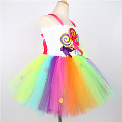 Kids Girls 4 Piece Top Skirt Hairband Props Set Colorful Candy Ice Cream Mesh Skirt Halloween Carnival Cosplay Costume