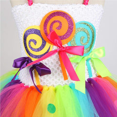 Kids Girls 4 Piece Top Skirt Hairband Props Set Colorful Candy Ice Cream Mesh Skirt Halloween Carnival Cosplay Costume