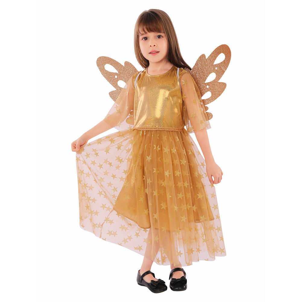 Kids Girls Angel Elf Mesh Orange Dress With Wings Cosplay Costume Outf ...