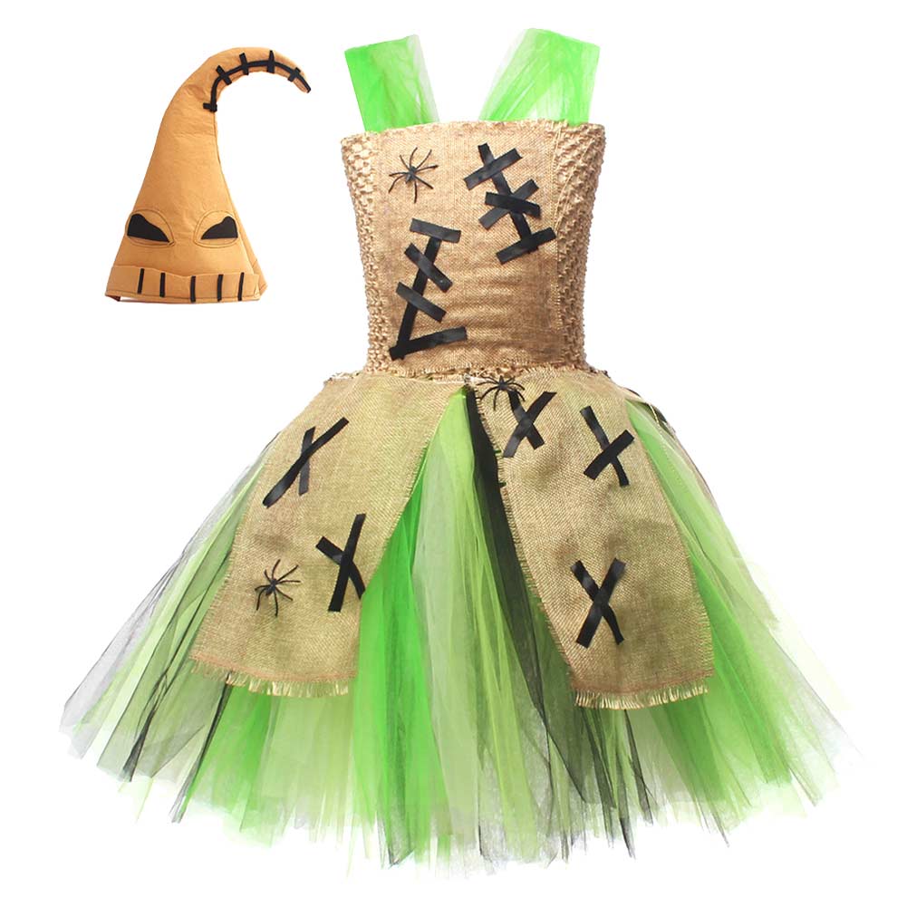 Kids Girls Oogie Boogie Mesh Tutu Dress 2 Piece Set Scarecrow Cosplay Outfits Halloween Party Suit