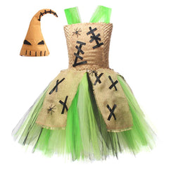 Kids Girls Oogie Boogie Mesh Tutu Dress 2 Piece Set Scarecrow Cosplay Outfits Halloween Party Suit