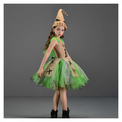 Kids Girls Oogie Boogie Mesh Tutu Dress 2 Piece Set Scarecrow Cosplay Outfits Halloween Party Suit