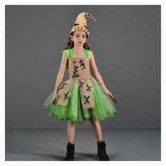 Kids Girls Oogie Boogie Mesh Tutu Dress 2 Piece Set Scarecrow Cosplay Outfits Halloween Party Suit