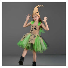 Kids Girls Oogie Boogie Mesh Tutu Dress 2 Piece Set Scarecrow Cosplay Outfits Halloween Party Suit