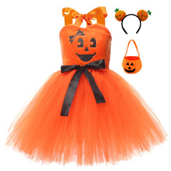 Kids Girls Pumpkin Mesh Tutu Dress 3 Piece Set Outfits Halloween Cosplay Party Suit